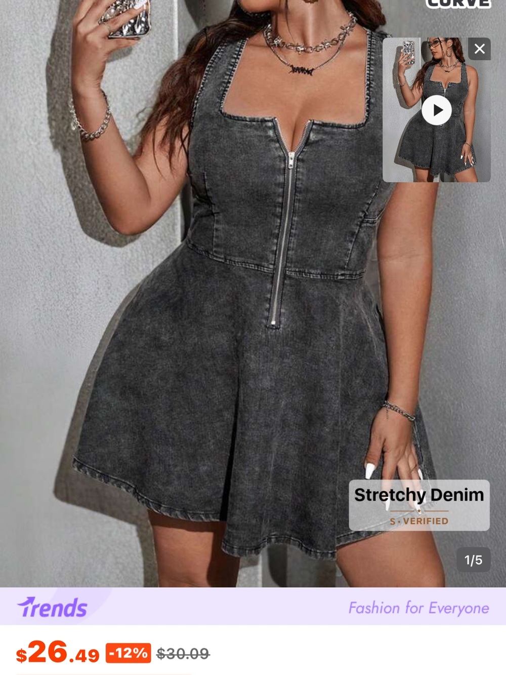 SHEIN Washed Black Zip-Front Skater Denim Dress